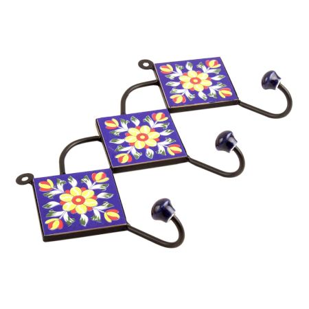 Navy Blue Yellow Flower Tiles Hook